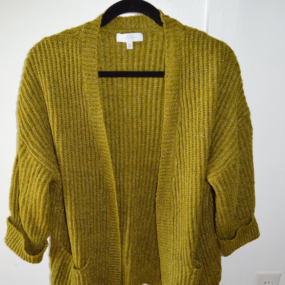 Open Front Cardigan Sweater 3/4 Sleeve Pockets Chunky Knit New Directions XL